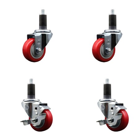 Service Caster 3'' Red Poly Wheel Swivel 1-1/4'' Expanding Stem Caster Set 2 Brakes, 4PK SCC-EX20S314-PPUB-RED-2-TLB-2-114